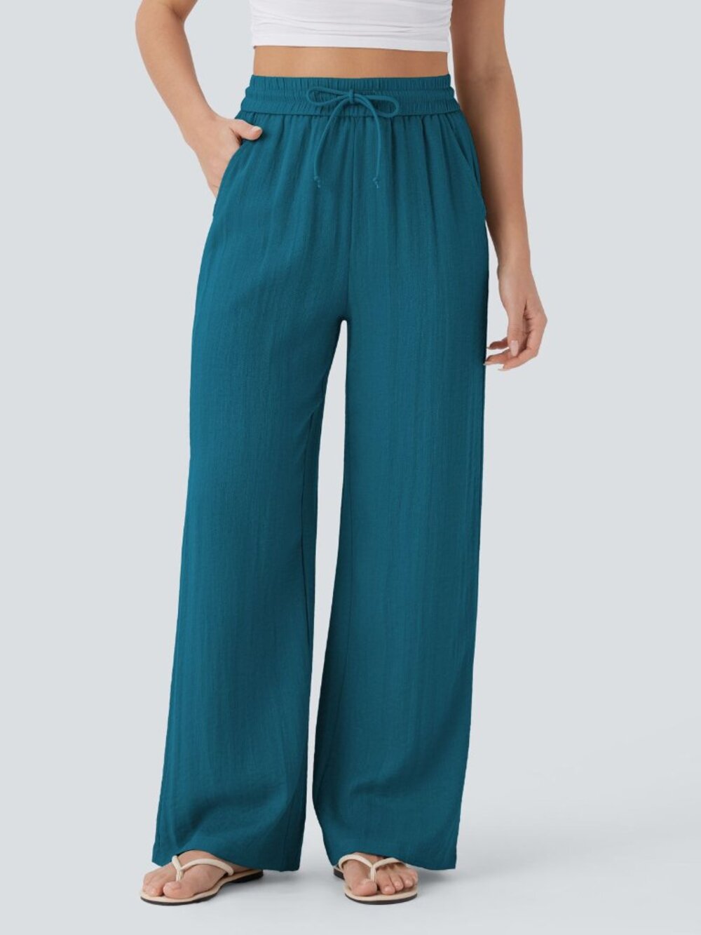 High Waisted Drawstring Pocket Wide Leg Baggy Casual Linen-Feel Pants